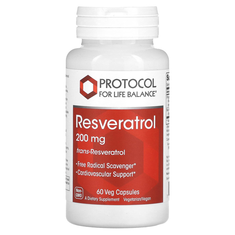 Ресвератрол, Resveratrol, Protocol for Life Balance, 200 мг, 60 веганских капсул