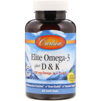 Омега 3 + витамин D3 и витамин К, Omega-3 Plus D & K, Carlson, 60 гелевых капсул