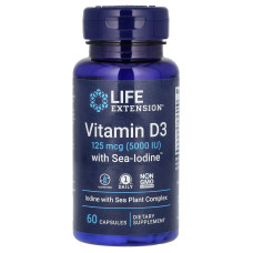 Витамин D3, Vitamin D3, Life Extension, с йодом, 125 мкг (5000 МЕ), 60 капсул