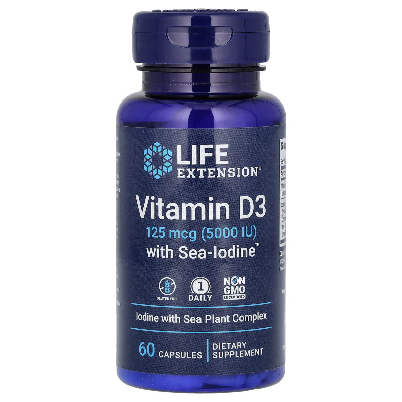 Витамин D3, Vitamin D3, Life Extension, с йодом, 125 мкг (5000 МЕ), 60 капсул