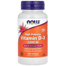 Витамин D-3, Vitamin D-3, NOW Foods, высокоэффективный, 25 мкг (1000 МЕ), 360 гелевых капсул