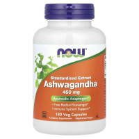 Ашваганда, Ashwagandha, Now Foods, стандартизированный экстракт, 450 мг, 180 вегетарианских капсул