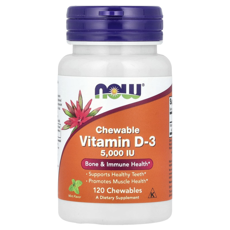Витамин D-3, Vitamin D-3, Now Foods, вкус мяты, 5000 МЕ, 120 жевательных таблеток