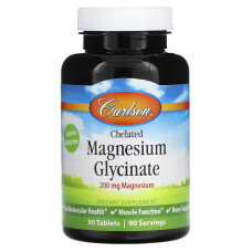 Магній гліцинат хелат, Chelated Magnesium Glycinate, Carlson, 200 мг, 90 таблеток