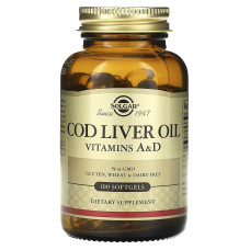 Витамин А и D из масла печени трески, Cod Liver Oil, Vitamins A & D, Solgar, 100 гелеввых капсул