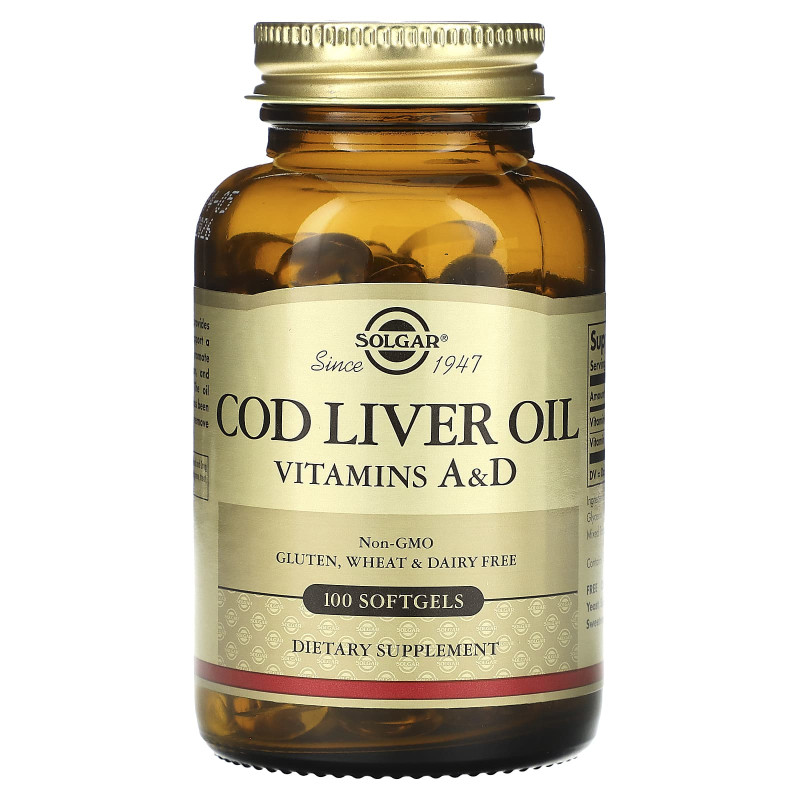 Витамин А и D из масла печени трески, Cod Liver Oil, Vitamins A & D, Solgar, 100 гелеввых капсул