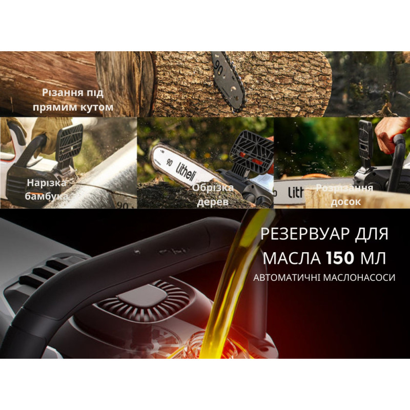 Акумуляторна ланцюгова пила Litheli, живлення від павербанку (2 шт УМБ Litheli Power Bank 10000 mAh, 45 W, 2А в комплекті)