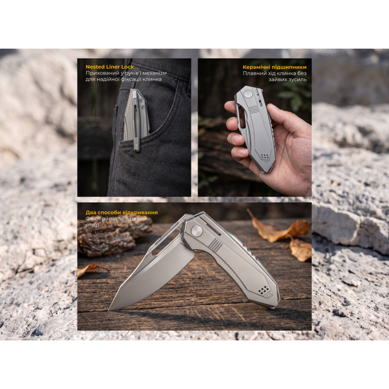 Ніж складаний туристичний Weknife Bogey (9.3 см) Bohler M390 / Titanium сірий