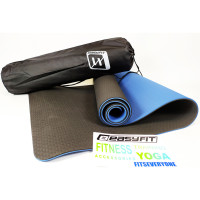 Двошаровий килимок EasyFit для пілатесу, фітнесу та йоги з чохлом, 183x61 см, товщина 6 мм, TPE/TC, ECO-Friendly, чорно-синій