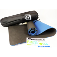 Двошаровий килимок EasyFit для пілатесу, фітнесу та йоги з чохлом, 183x61 см, товщина 6 мм, TPE/TC, ECO-Friendly, чорно-синій