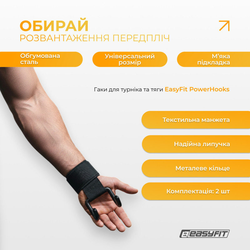 Крюки для турника EasyFit, сталь с неопреном, черные