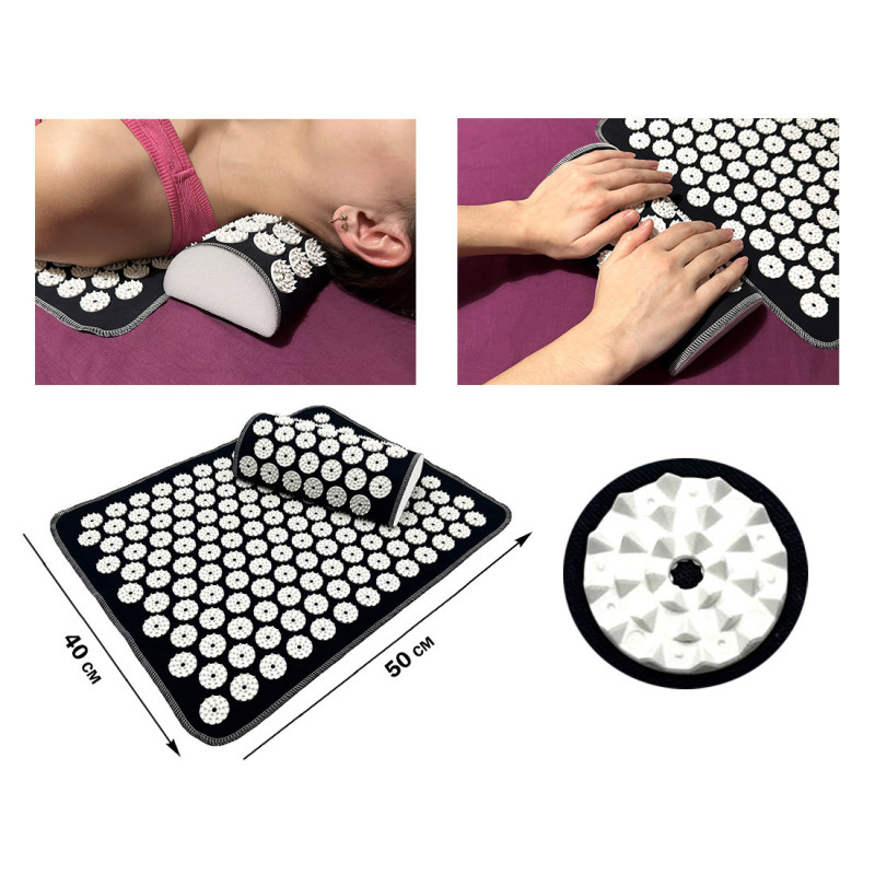 Масажний килимок EasyFit з подушкою (аплікатор Кузнєцова) для масажу спини та шиї, довжина 50 см, ширина 40 см, бавовна, пластик, чорний