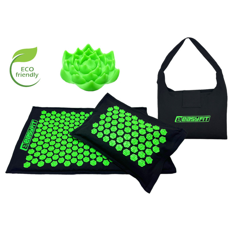 Массажный коврик EasyFit AcuRelax с иглами (аппликатор Кузнецова) для массажа спины и шеи с чехлом, длина 70 см, ширина 45 см, толщина 2 см, гречневая шелуха, кокосовое волокно, черно-зеленый