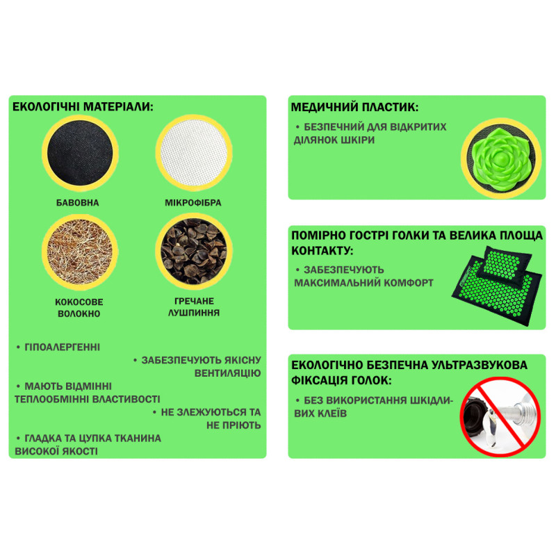 Массажный коврик EasyFit AcuRelax с иглами (аппликатор Кузнецова) для массажа спины и шеи с чехлом, длина 70 см, ширина 45 см, толщина 2 см, гречневая шелуха, кокосовое волокно, черно-зеленый