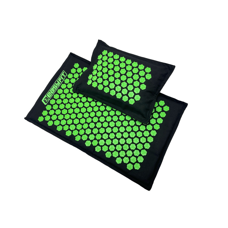 Массажный коврик EasyFit AcuRelax с иглами (аппликатор Кузнецова) для массажа спины и шеи с чехлом, длина 70 см, ширина 45 см, толщина 2 см, гречневая шелуха, кокосовое волокно, черно-зеленый