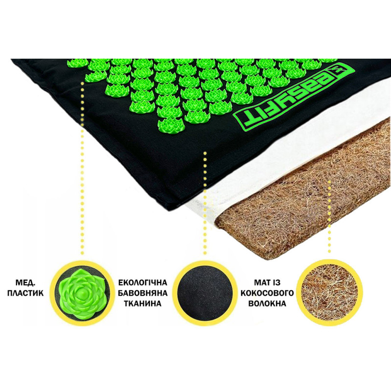 Массажный коврик EasyFit AcuRelax с иглами (аппликатор Кузнецова) для массажа спины и шеи с чехлом, длина 70 см, ширина 45 см, толщина 2 см, гречневая шелуха, кокосовое волокно, черно-зеленый