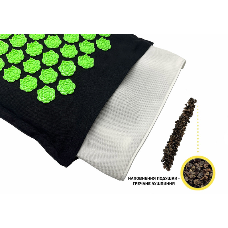 Массажный коврик EasyFit AcuRelax с иглами (аппликатор Кузнецова) для массажа спины и шеи с чехлом, длина 70 см, ширина 45 см, толщина 2 см, гречневая шелуха, кокосовое волокно, черно-зеленый