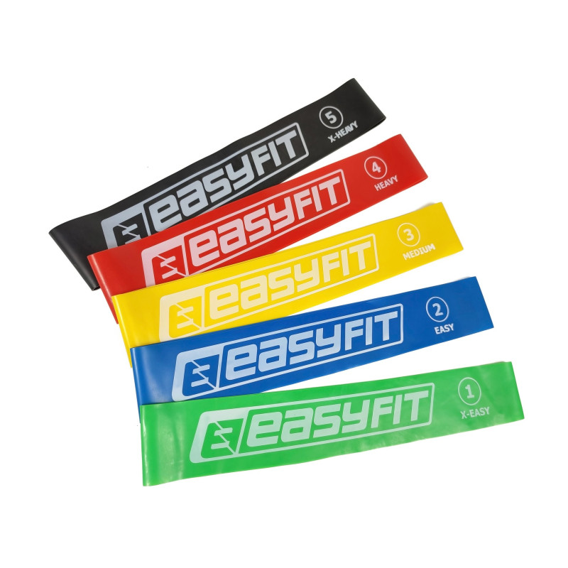 Резиновые кольца (эспандеры) EasyFit, Набор 5 шт, Сопротивление 2,5 - 18 кг, Длина 60 см, Ширина 5 см, Латекс, Для фитнеса, силовых упражнений и реабилитации
