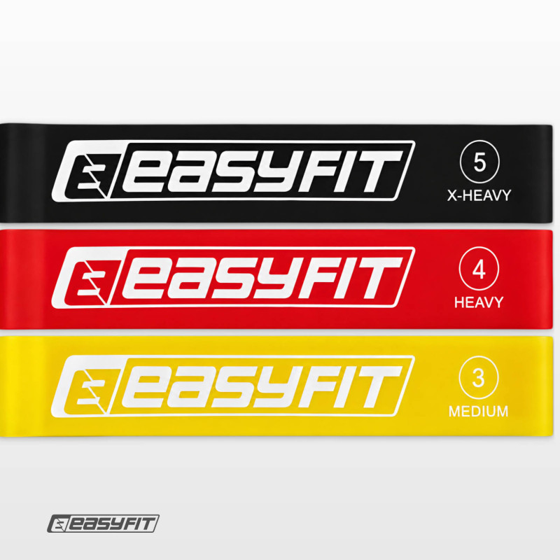 Набор фитнес-резинок для ног EasyFit (3 шт), Сопротивление 9-18 кг, Длина 60 см, Ширина 5 см, Латекс, Черный, Красный, Желтый