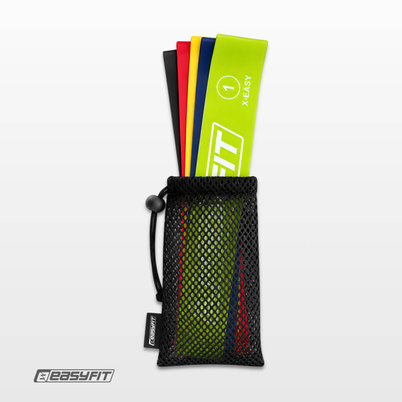 Набор фитнес-резинок для ног EasyFit (5 шт), Сопротивление 2,5 - 18 кг, Длина 60 см, Ширина 5 см, Латекс, Для фитнеса, силовых упражнений и реабилитации