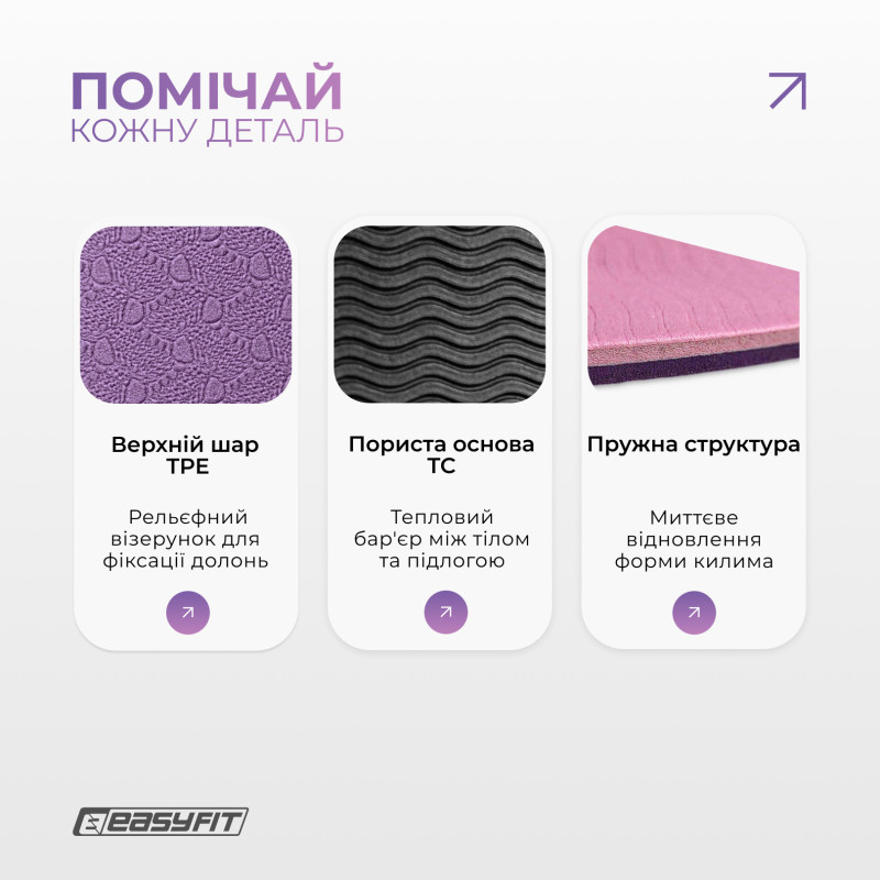 Двошаровий килимок EasyFit для пілатесу, фітнесу та йоги, 183x61 см, товщина 6 мм, TPE/TC, ECO-Friendly, фіолетово-рожевий