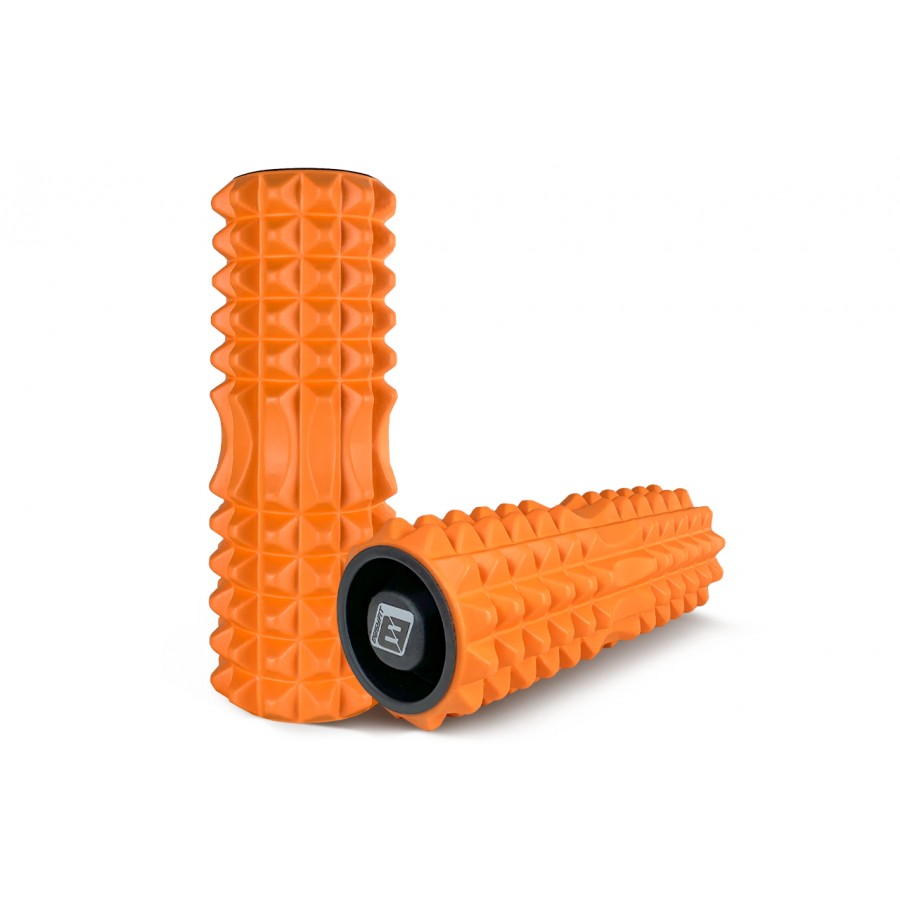 Массажный ролик EasyFit Grid Roller v1.2 с заглушками, Длина 33 см, Диаметр 13 см, Пена EVA с  3D массажной поверхностью, для йоги, фитнеса и реабилитации, Оранжевый