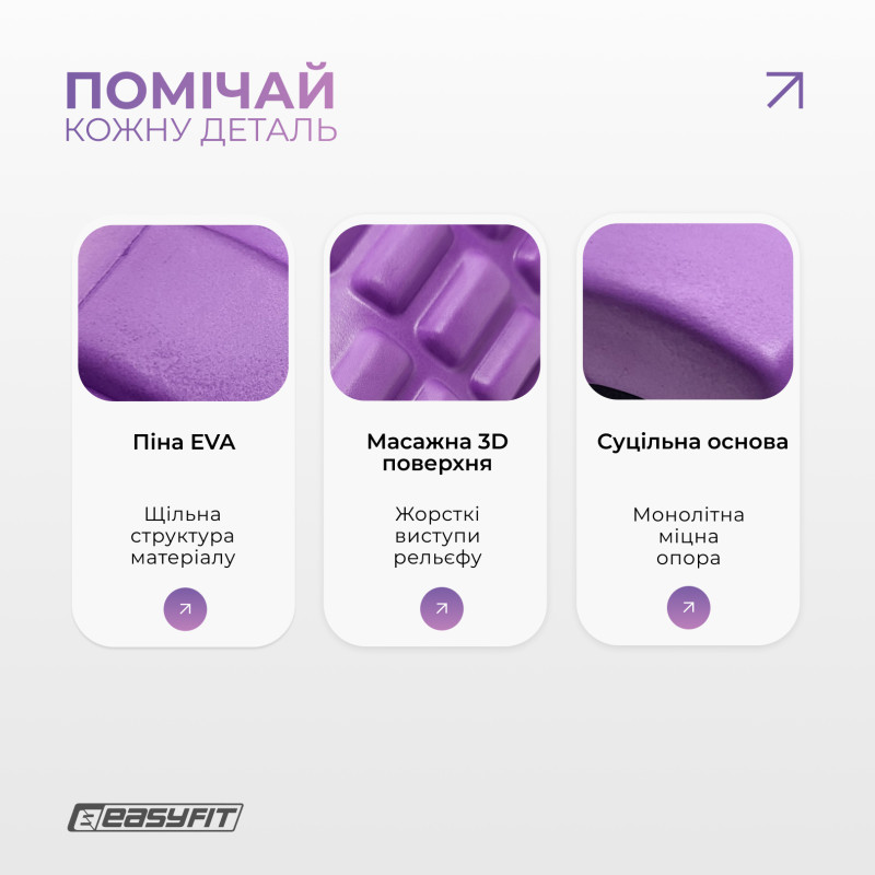 Массажный ролик EasyFit Solid Grid Roller Mini, Длина 30 см, Диаметр 10 см, Цельный каркас, EVA-пена с 3D массажной поверхностью, для МФР, фитнеса, йоги и реабилитации, Фиолетовый