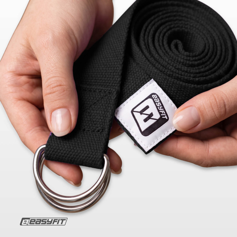 Ремень для йоги EasyFit с петлей, Длина 178,5 см, Ширина 3,8 см, Хлопок, Полиэстер, Сталь, Черный