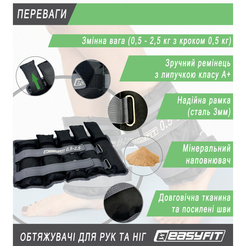 Утяжелители для ног и рук EasyFit наборные (пара), Вес 0,5-2,5 кг, Оксфорд с пропиткой, Песок, Черно-серый