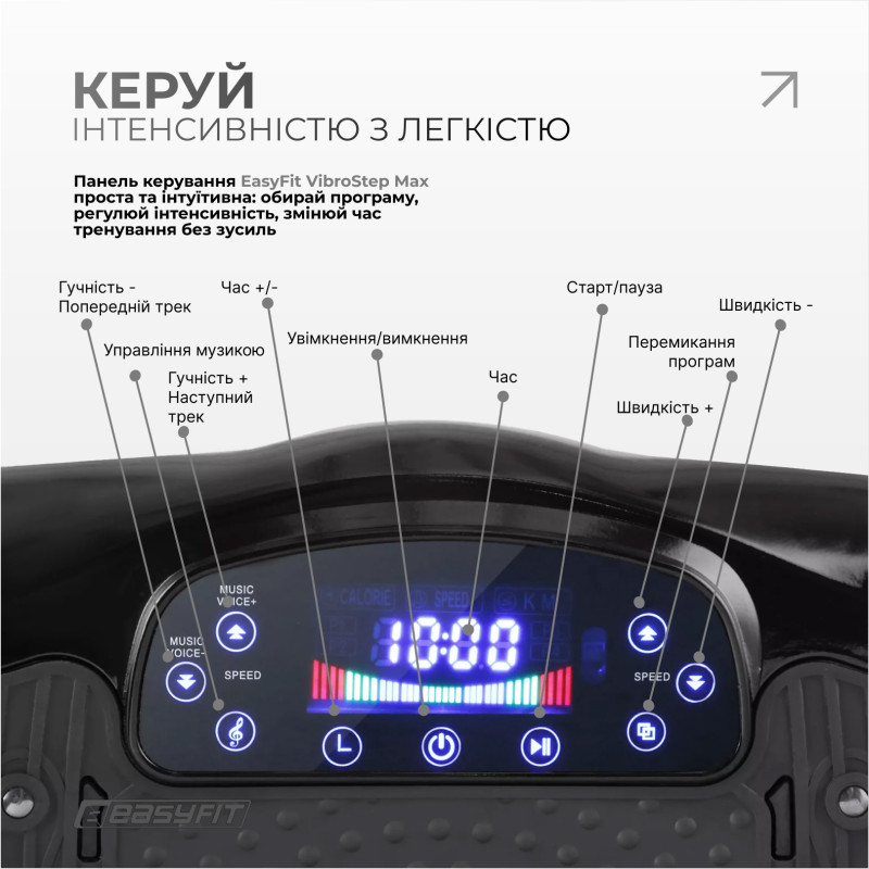 Виброплатформа EasyFit VibroStep Max (эспандеры в комплекте), 10 программ, 99 уровней вибрации, ABS-пластик, Bluetooth, USB, Черный