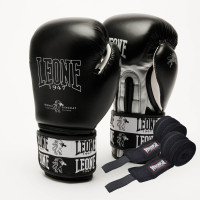 Боксерські рукавиці Leone GN208 ICONIC Black (бинти 4 м. в комплекті), 12 унцій, Натуральна шкіра буйвола, Поліуретан, Чорний