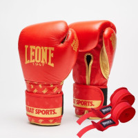 Боксерські рукавиці Leone GN220 DNA Red (бинти 4 м. в комплекті), 10 унцій, Натуральна шкіра буйвола, Поліуретан, Червоний