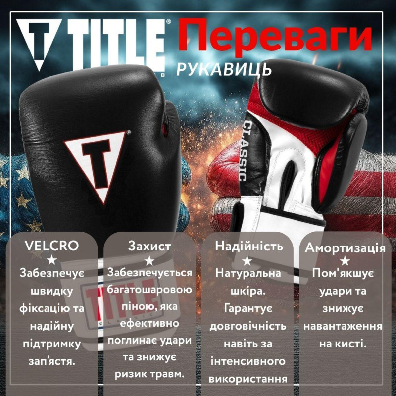 Боксерські рукавиці TITLE Classic Leather 2.0 Black/White/Red S 10 oz (бинти 4м. в комплекті)