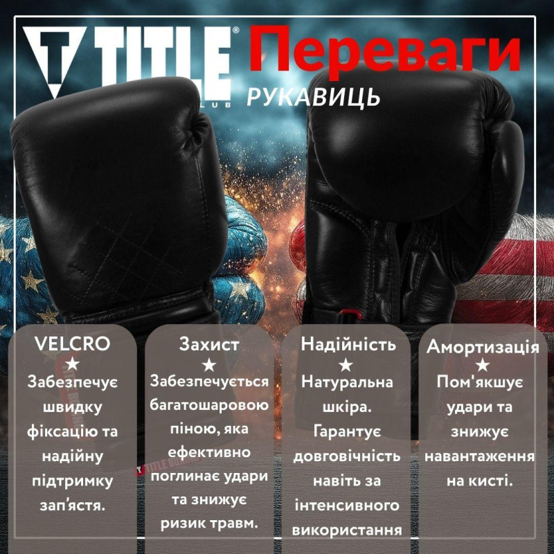 Боксерські рукавиці TITLE Boxing Ko-Vert Black 14 oz (бинти 4м. в комплекті)