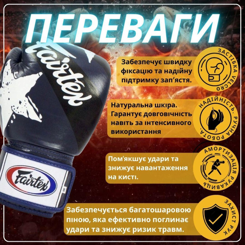 Боксерські рукавиці Fairtex BGV1 Nation Print Blue 10 унцій (бинти в комплекті)