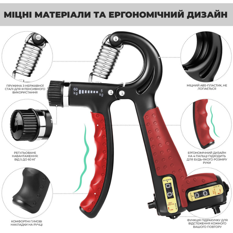 Еспандер кистьовий з лічильником PowerPlay PP-4402 з регульованим навантаженням 10-60 кг. Червоний