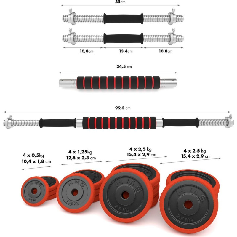 Гантелі розбірні HMS SGGX30 з перехідником для штанги, 2 x 15 кг