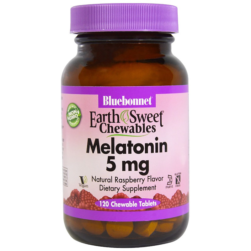 Мелатонин 5 мг, Вкус Малины, Жевательные таблетки Earth Sweet, Bluebonnet Nutrition, 120 шт.