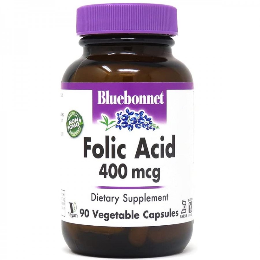 Фолиевая кислота 400 мг, Folic Acid, Bluebonnet Nutrition, 90 вегетарианских капсул