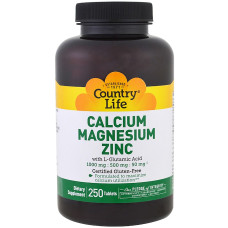 Кальций, Магний и Цинк с L-Глутамином, Calcium Magnesium Zync, Country Life, 250 таблеток