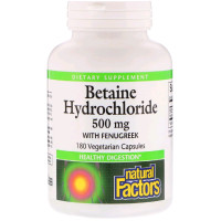 Бетаїн гідрохлорид і Пажитник, Betaine Hydrochloride + Fenugreek, Natural Factors, 500мг, 180 капсул