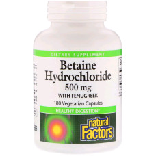 Бетаин гидрохлорид и Пажитник, Betaine Hydrochloride + Fenugreek, Natural Factors, 500мг, 180 капсул