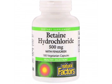 Бетаїн гідрохлорид і Пажитник, Betaine Hydrochloride + Fenugreek, Natural Factors, 500мг, 180 капсул