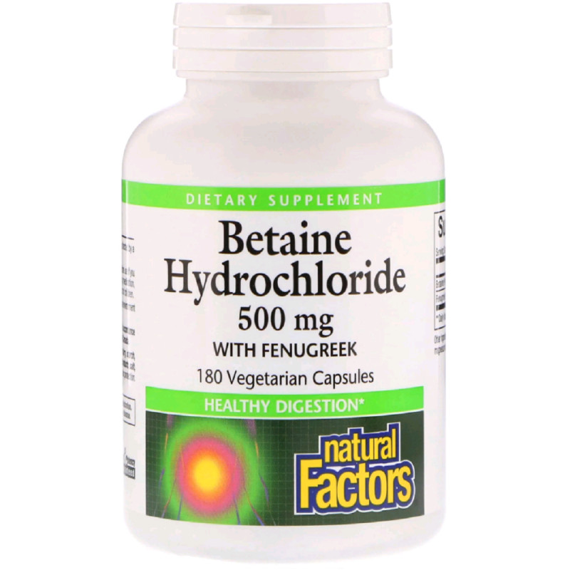 Бетаин гидрохлорид и Пажитник, Betaine Hydrochloride + Fenugreek, Natural Factors, 500мг, 180 капсул
