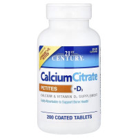 Кальцій цитрат та вітамін D3, Calcium Citrate Petites + D3, 21st Century, 200 таблеток в оболонці