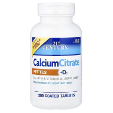 Кальцій цитрат та вітамін D3, Calcium Citrate Petites + D3, 21st Century, 200 таблеток в оболонці