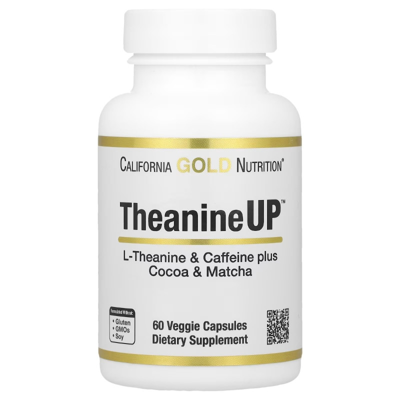 L-Теанин и кофеин, сфокусированная энергия, L-Theanine & Caffeine plus Cocoa & Matcha, California Gold Nutrition, 60 вегетарианских капсул
