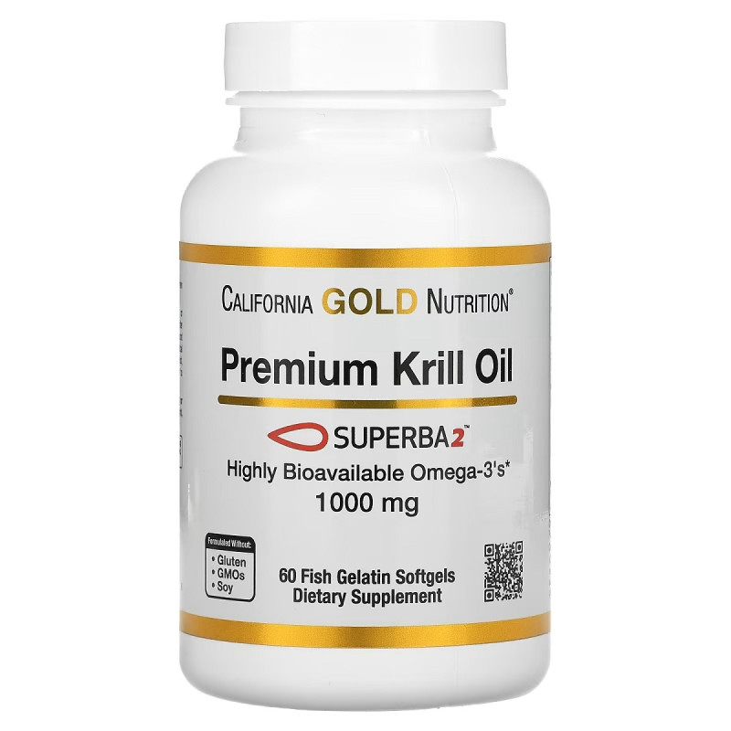 Крилловое масло премиум качества, 1000 мг, Premium Krill Oil with Superba2, California Gold Nutrition, 60 желатиновых капсул