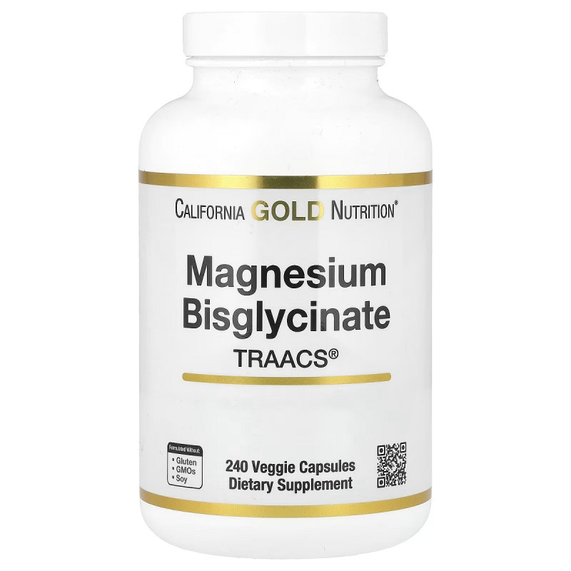 Магний Бисглицинат, 200 мг, Magnesium Bisglycinate Formulated with TRAACS, California Gold Nutrition, 240 вегетарианских капсул