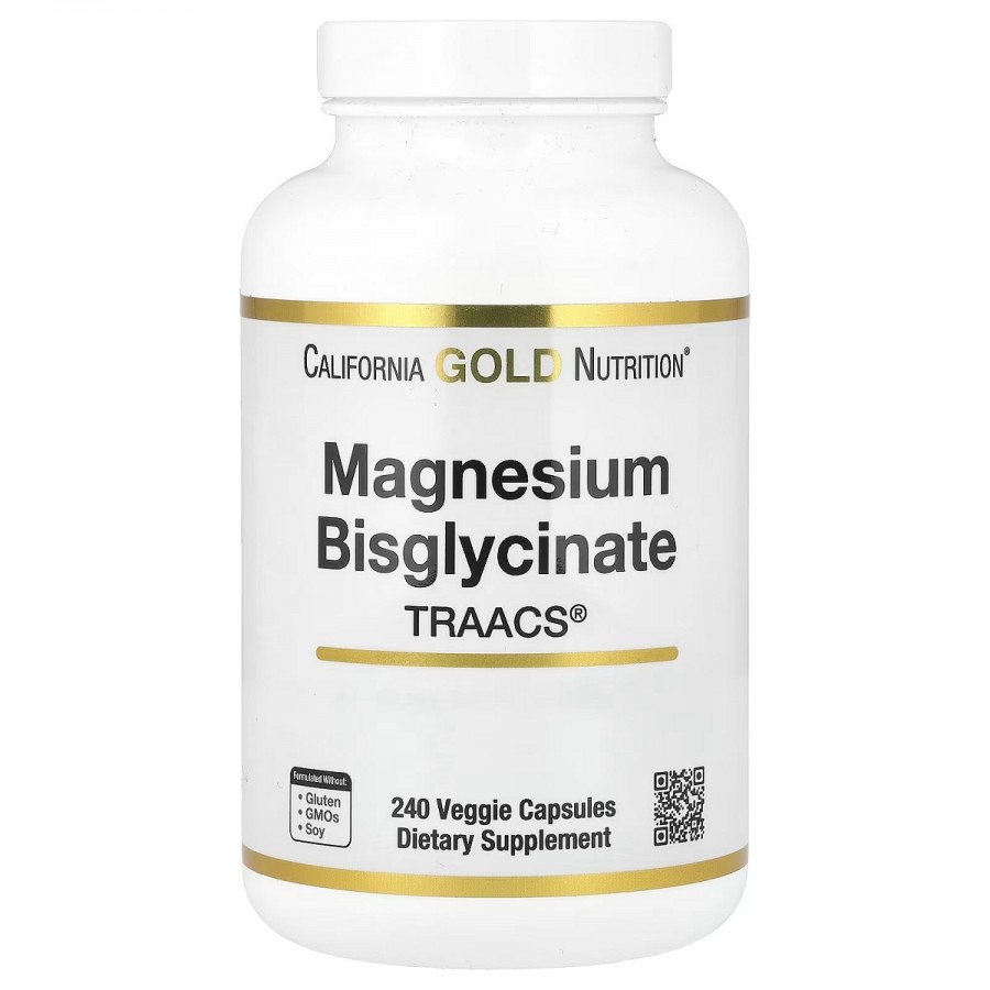 Магній Бісгліцинат, 200 мг, Magnesium Bisglycinate Formulated with TRAACS, California Gold Nutrition, 240 вегетаріанських капсул